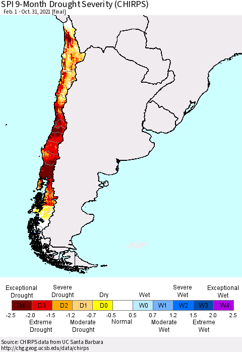 Chile SPI 9-Month Drought Severity (CHIRPS) Thematic Map For 2/1/2021 - 10/31/2021