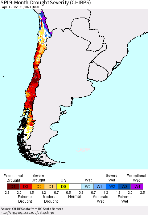 Chile SPI 9-Month Drought Severity (CHIRPS) Thematic Map For 4/1/2021 - 12/31/2021
