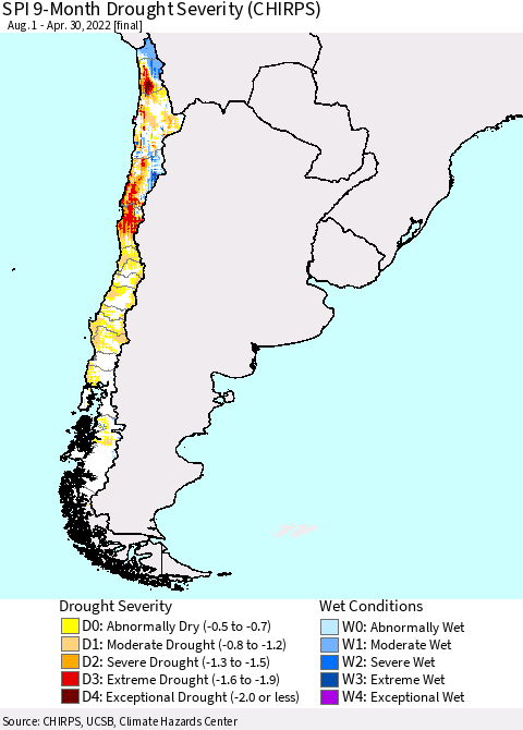 Chile SPI 9-Month Drought Severity (CHIRPS) Thematic Map For 8/1/2021 - 4/30/2022