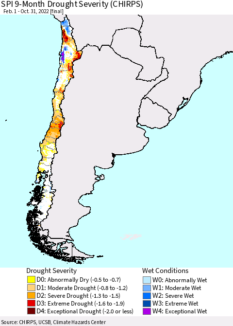 Chile SPI 9-Month Drought Severity (CHIRPS) Thematic Map For 2/1/2022 - 10/31/2022