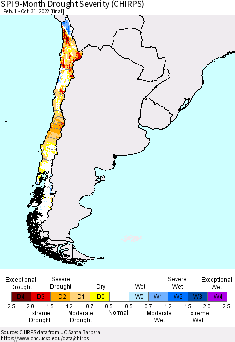 Chile SPI 9-Month Drought Severity (CHIRPS) Thematic Map For 2/1/2022 - 10/31/2022