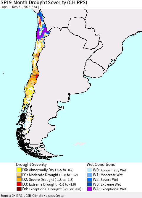 Chile SPI 9-Month Drought Severity (CHIRPS) Thematic Map For 4/1/2022 - 12/31/2022