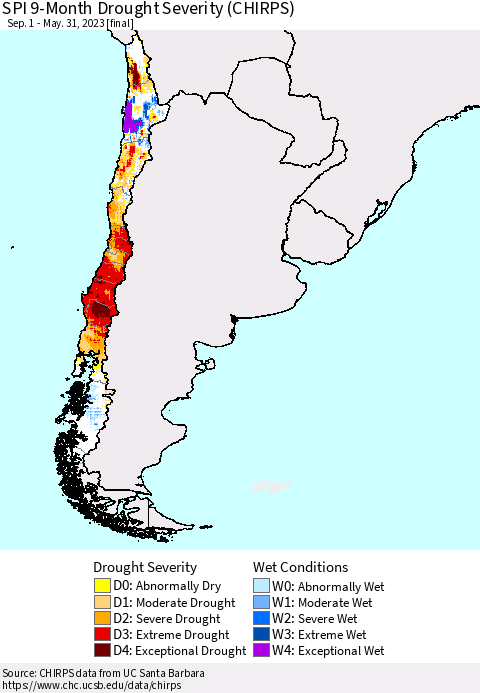 Chile SPI 9-Month Drought Severity (CHIRPS) Thematic Map For 9/1/2022 - 5/31/2023