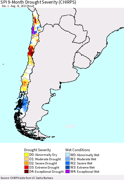 Chile SPI 9-Month Drought Severity (CHIRPS) Thematic Map For 12/1/2022 - 8/31/2023