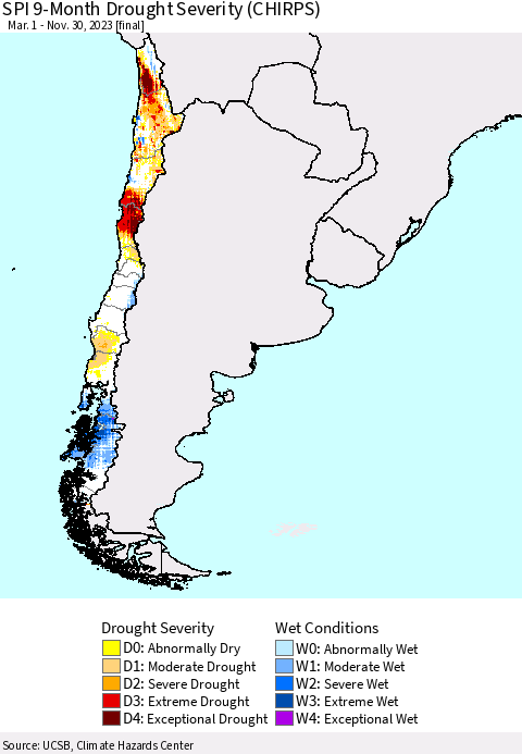 Chile SPI 9-Month Drought Severity (CHIRPS) Thematic Map For 3/1/2023 - 11/30/2023