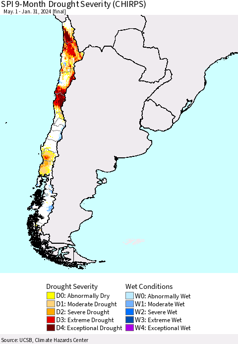 Chile SPI 9-Month Drought Severity (CHIRPS) Thematic Map For 5/1/2023 - 1/31/2024