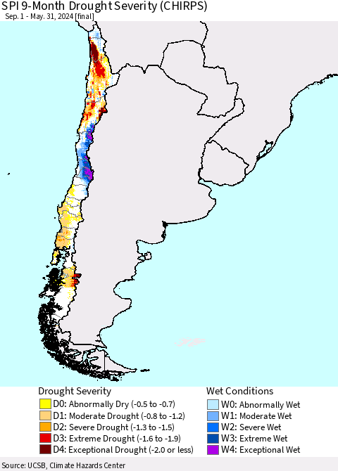 Chile SPI 9-Month Drought Severity (CHIRPS) Thematic Map For 9/1/2023 - 5/31/2024