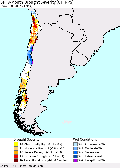 Chile SPI 9-Month Drought Severity (CHIRPS) Thematic Map For 11/1/2023 - 7/31/2024