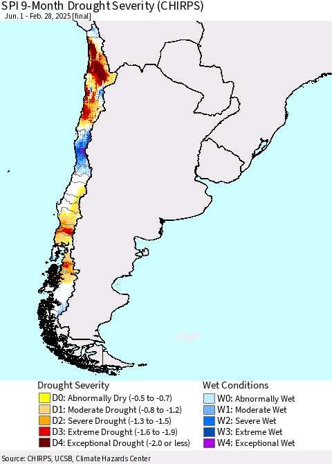 Chile SPI 9-Month Drought Severity (CHIRPS) Thematic Map For 6/1/2024 - 2/28/2025