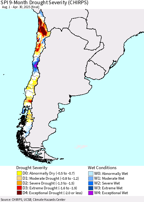 Chile SPI 9-Month Drought Severity (CHIRPS) Thematic Map For 8/1/2024 - 4/30/2025