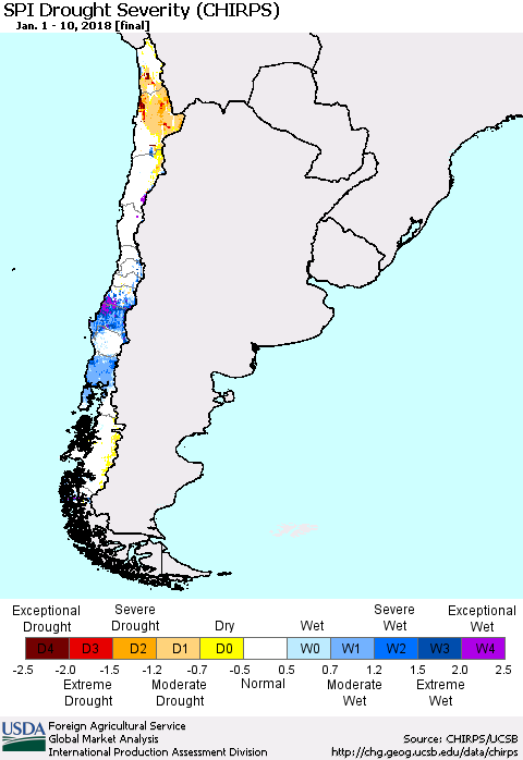 Chile SPI Drought Severity (CHIRPS) Thematic Map For 1/1/2018 - 1/10/2018