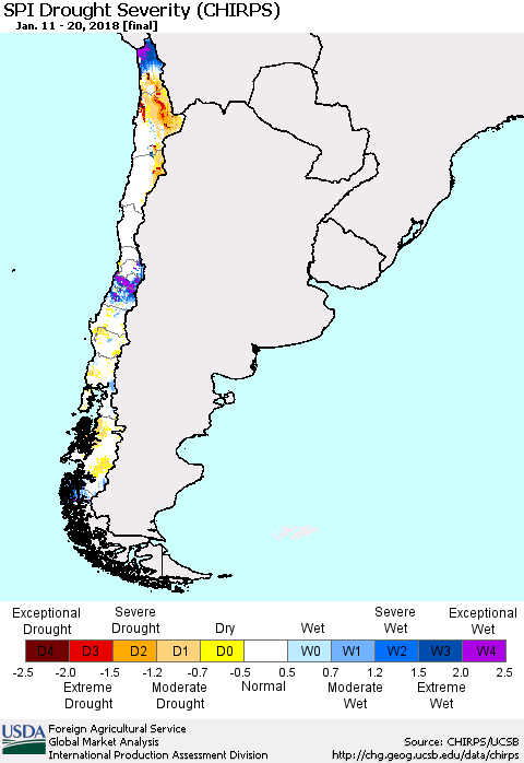 Chile SPI Drought Severity (CHIRPS) Thematic Map For 1/11/2018 - 1/20/2018