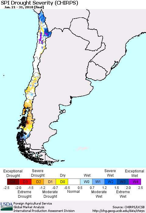 Chile SPI Drought Severity (CHIRPS) Thematic Map For 1/21/2018 - 1/31/2018