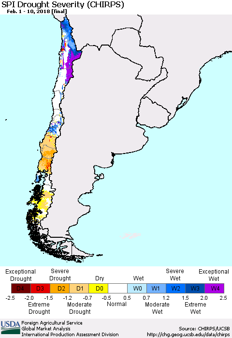 Chile SPI Drought Severity (CHIRPS) Thematic Map For 2/1/2018 - 2/10/2018
