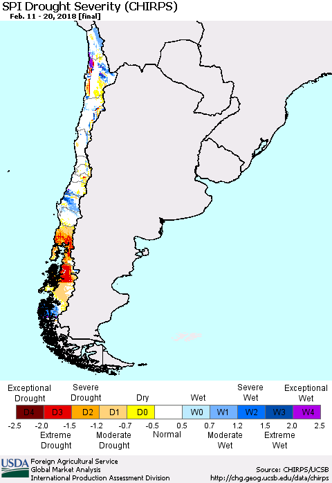 Chile SPI Drought Severity (CHIRPS) Thematic Map For 2/11/2018 - 2/20/2018