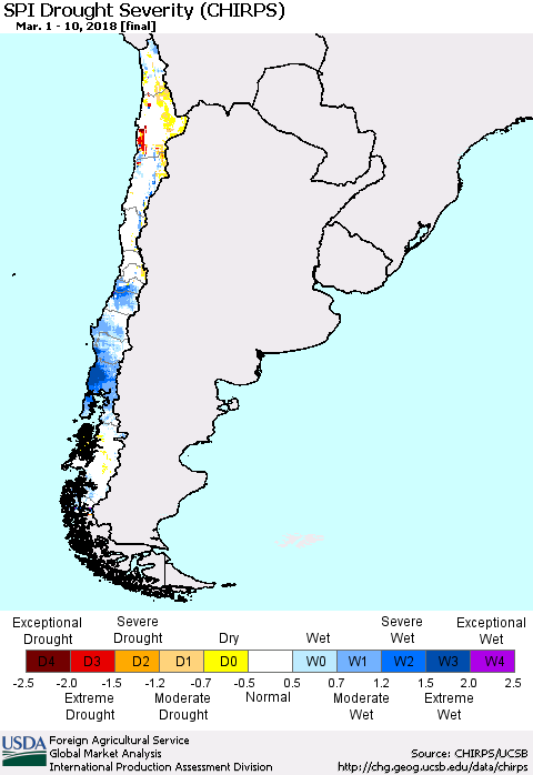 Chile SPI Drought Severity (CHIRPS) Thematic Map For 3/1/2018 - 3/10/2018