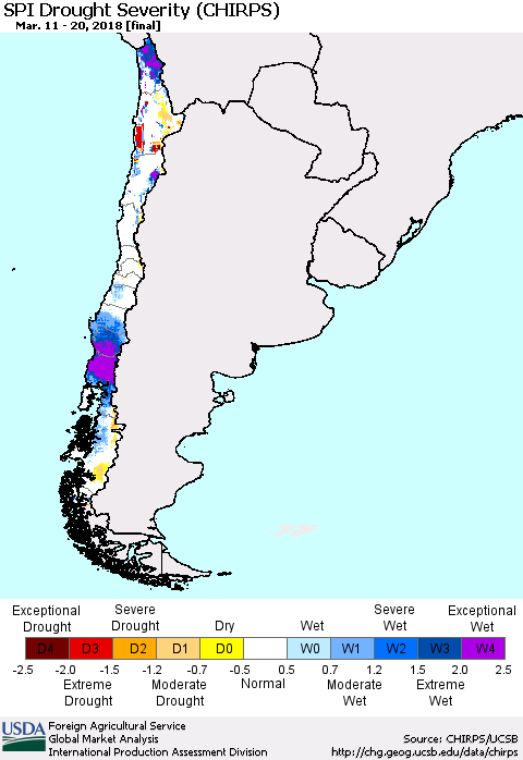 Chile SPI Drought Severity (CHIRPS) Thematic Map For 3/11/2018 - 3/20/2018