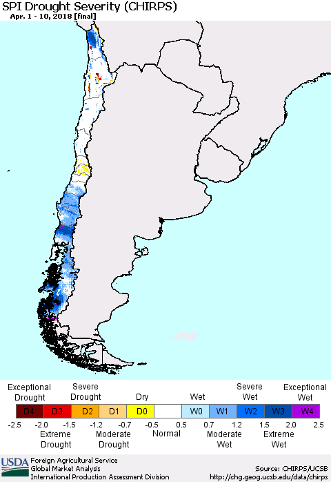Chile SPI Drought Severity (CHIRPS) Thematic Map For 4/1/2018 - 4/10/2018