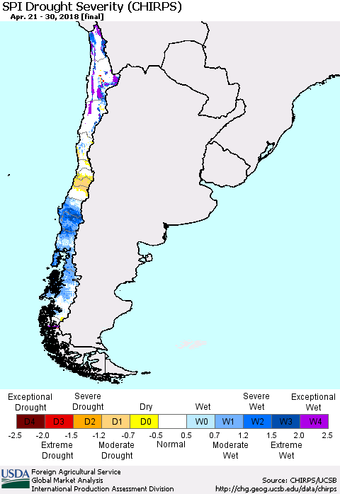 Chile SPI Drought Severity (CHIRPS) Thematic Map For 4/21/2018 - 4/30/2018