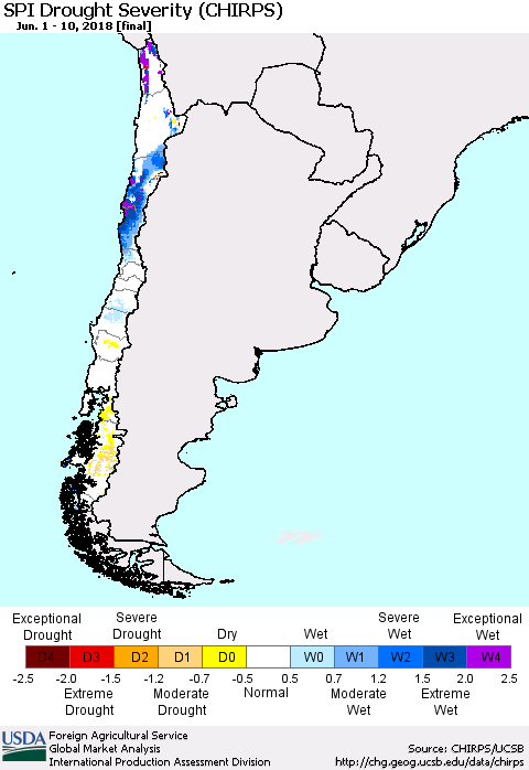 Chile SPI Drought Severity (CHIRPS) Thematic Map For 6/1/2018 - 6/10/2018