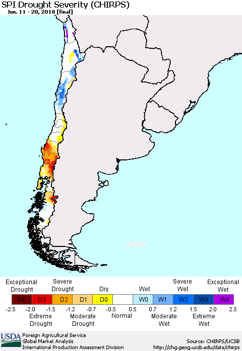 Chile SPI Drought Severity (CHIRPS) Thematic Map For 6/11/2018 - 6/20/2018