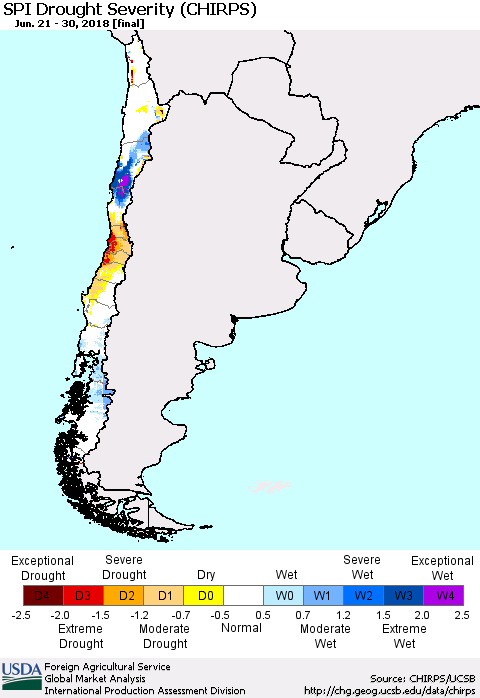 Chile SPI Drought Severity (CHIRPS) Thematic Map For 6/21/2018 - 6/30/2018
