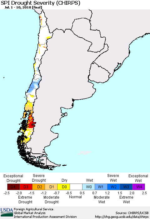 Chile SPI Drought Severity (CHIRPS) Thematic Map For 7/1/2018 - 7/10/2018