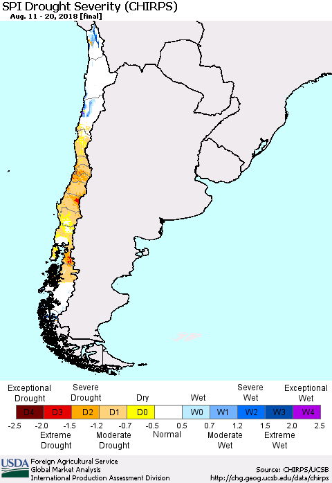 Chile SPI Drought Severity (CHIRPS) Thematic Map For 8/11/2018 - 8/20/2018