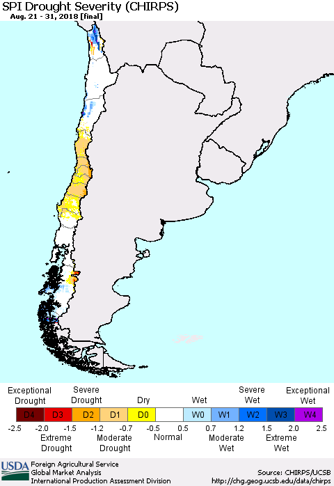 Chile SPI Drought Severity (CHIRPS) Thematic Map For 8/21/2018 - 8/31/2018