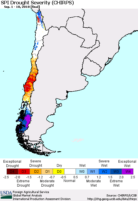 Chile SPI Drought Severity (CHIRPS) Thematic Map For 9/1/2018 - 9/10/2018