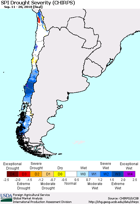 Chile SPI Drought Severity (CHIRPS) Thematic Map For 9/11/2018 - 9/20/2018