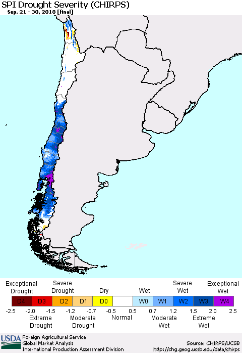 Chile SPI Drought Severity (CHIRPS) Thematic Map For 9/21/2018 - 9/30/2018