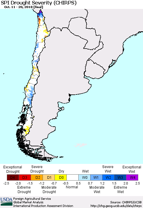 Chile SPI Drought Severity (CHIRPS) Thematic Map For 10/11/2018 - 10/20/2018