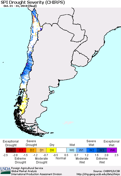 Chile SPI Drought Severity (CHIRPS) Thematic Map For 10/21/2018 - 10/31/2018