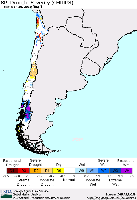 Chile SPI Drought Severity (CHIRPS) Thematic Map For 11/21/2018 - 11/30/2018