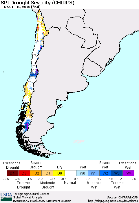 Chile SPI Drought Severity (CHIRPS) Thematic Map For 12/1/2018 - 12/10/2018