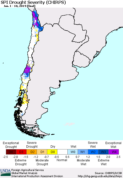 Chile SPI Drought Severity (CHIRPS) Thematic Map For 1/1/2019 - 1/10/2019