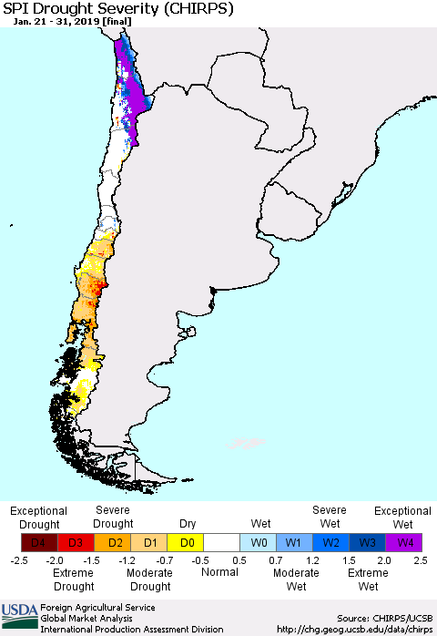 Chile SPI Drought Severity (CHIRPS) Thematic Map For 1/21/2019 - 1/31/2019