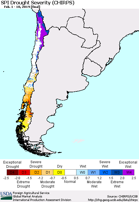 Chile SPI Drought Severity (CHIRPS) Thematic Map For 2/1/2019 - 2/10/2019