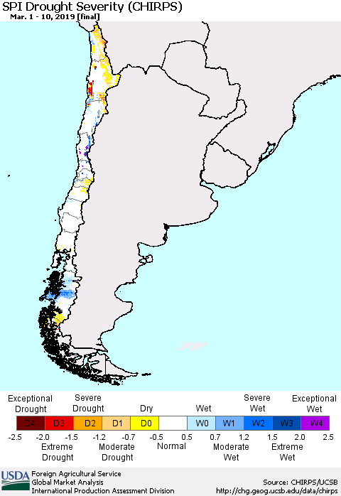 Chile SPI Drought Severity (CHIRPS) Thematic Map For 3/1/2019 - 3/10/2019