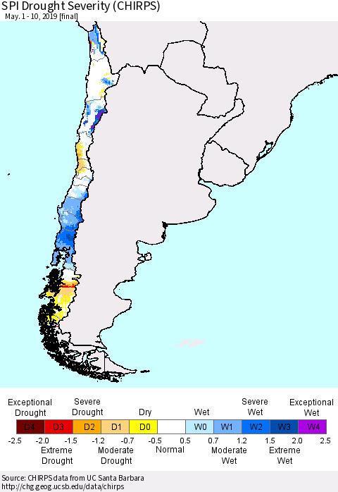 Chile SPI Drought Severity (CHIRPS) Thematic Map For 5/1/2019 - 5/10/2019