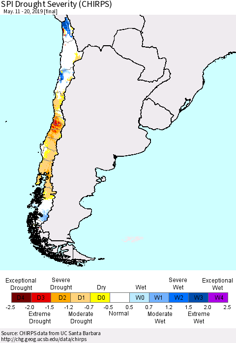 Chile SPI Drought Severity (CHIRPS) Thematic Map For 5/11/2019 - 5/20/2019