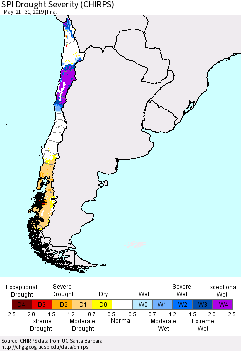 Chile SPI Drought Severity (CHIRPS) Thematic Map For 5/21/2019 - 5/31/2019