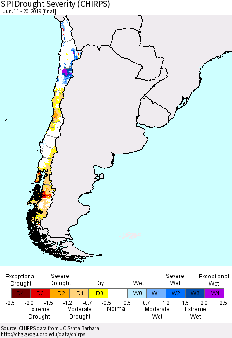 Chile SPI Drought Severity (CHIRPS) Thematic Map For 6/11/2019 - 6/20/2019