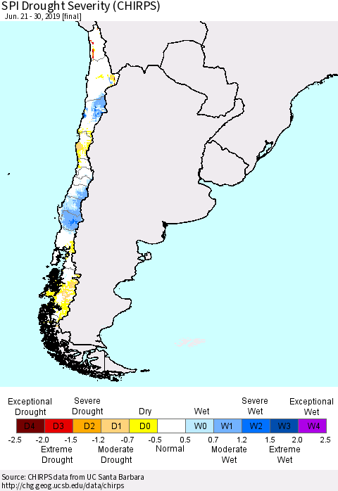 Chile SPI Drought Severity (CHIRPS) Thematic Map For 6/21/2019 - 6/30/2019