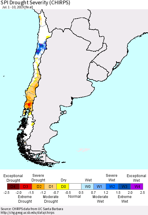 Chile SPI Drought Severity (CHIRPS) Thematic Map For 7/1/2019 - 7/10/2019