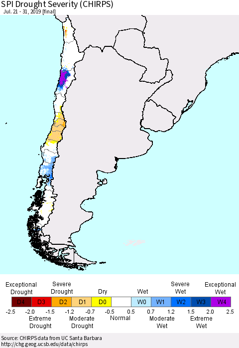 Chile SPI Drought Severity (CHIRPS) Thematic Map For 7/21/2019 - 7/31/2019