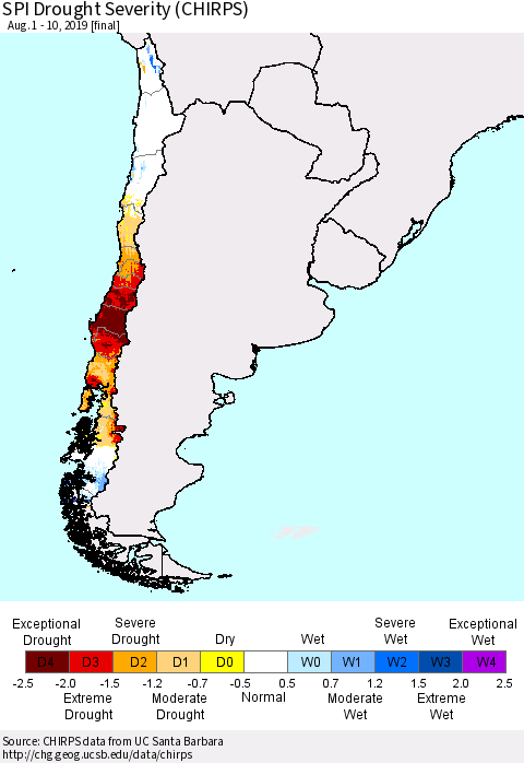 Chile SPI Drought Severity (CHIRPS) Thematic Map For 8/1/2019 - 8/10/2019