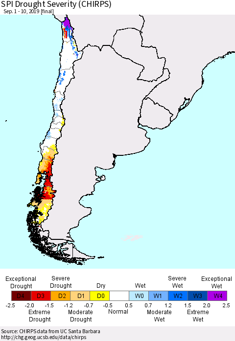 Chile SPI Drought Severity (CHIRPS) Thematic Map For 9/1/2019 - 9/10/2019