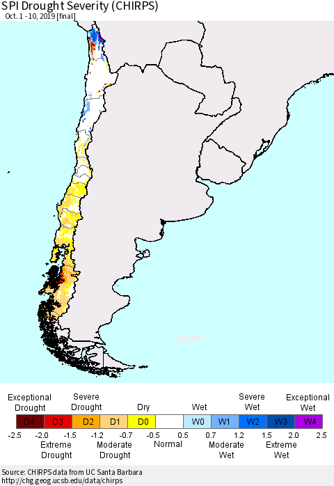 Chile SPI Drought Severity (CHIRPS) Thematic Map For 10/1/2019 - 10/10/2019
